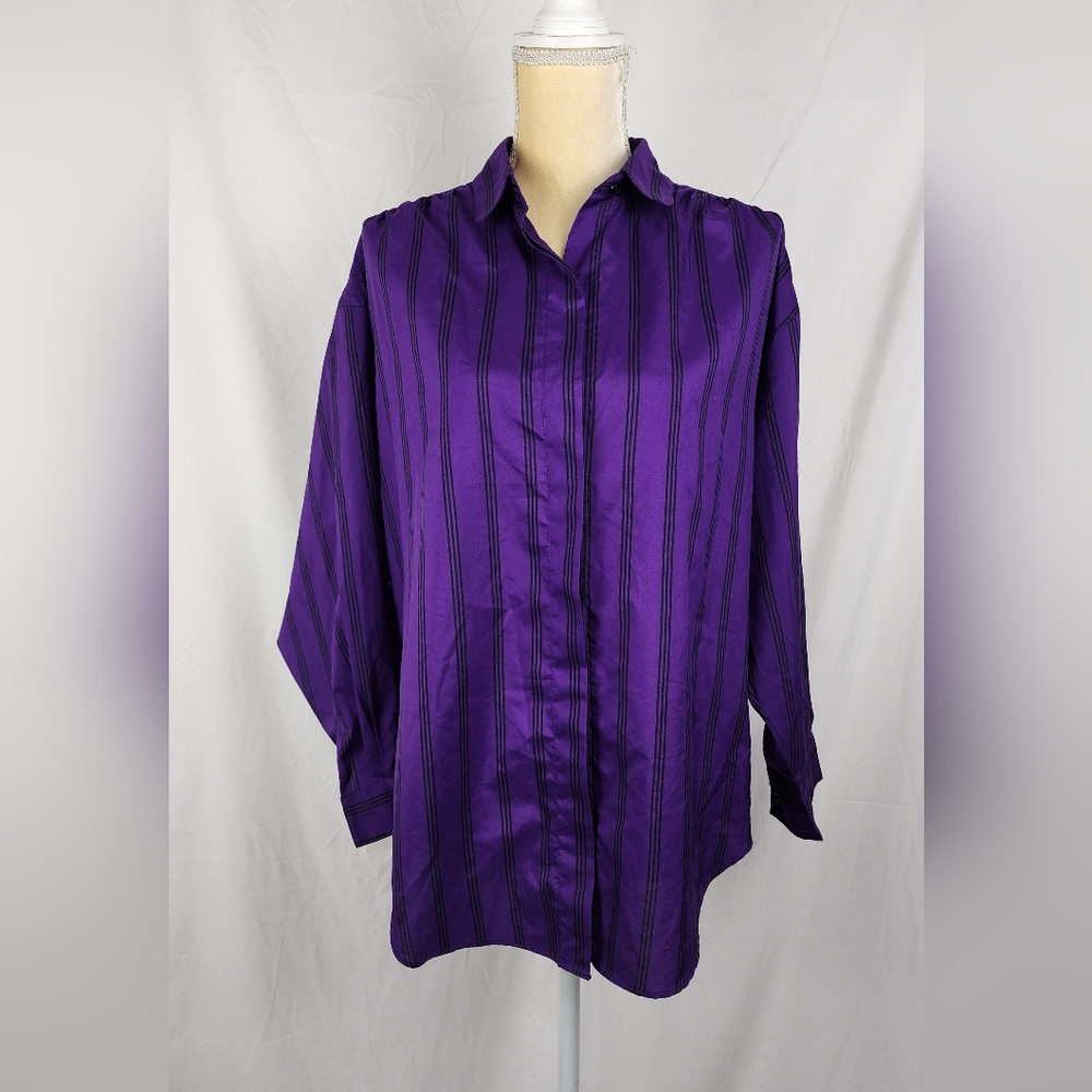 Diane Von Furstenberg Striped Purple Vintage 80s Long Sleeve Tunic Blouse sz L